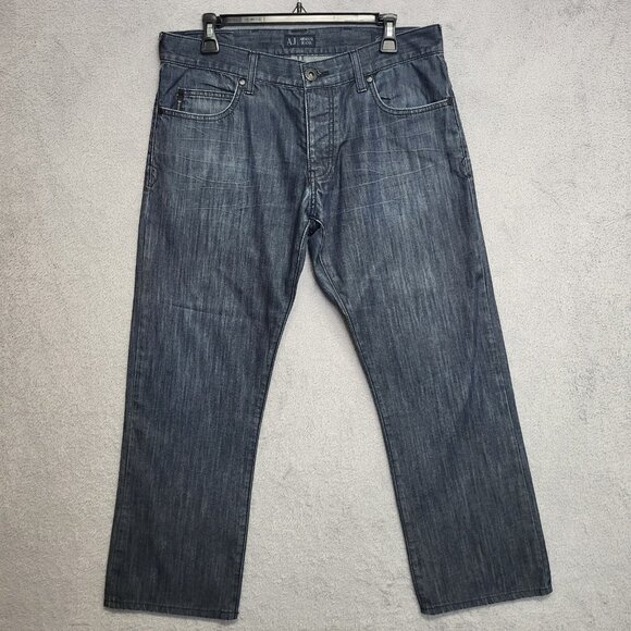 Armani Jeans Mens 32x28 Indigo Blue Classic Wash Relaxed Straight Denim Distress - Picture 1 of 13